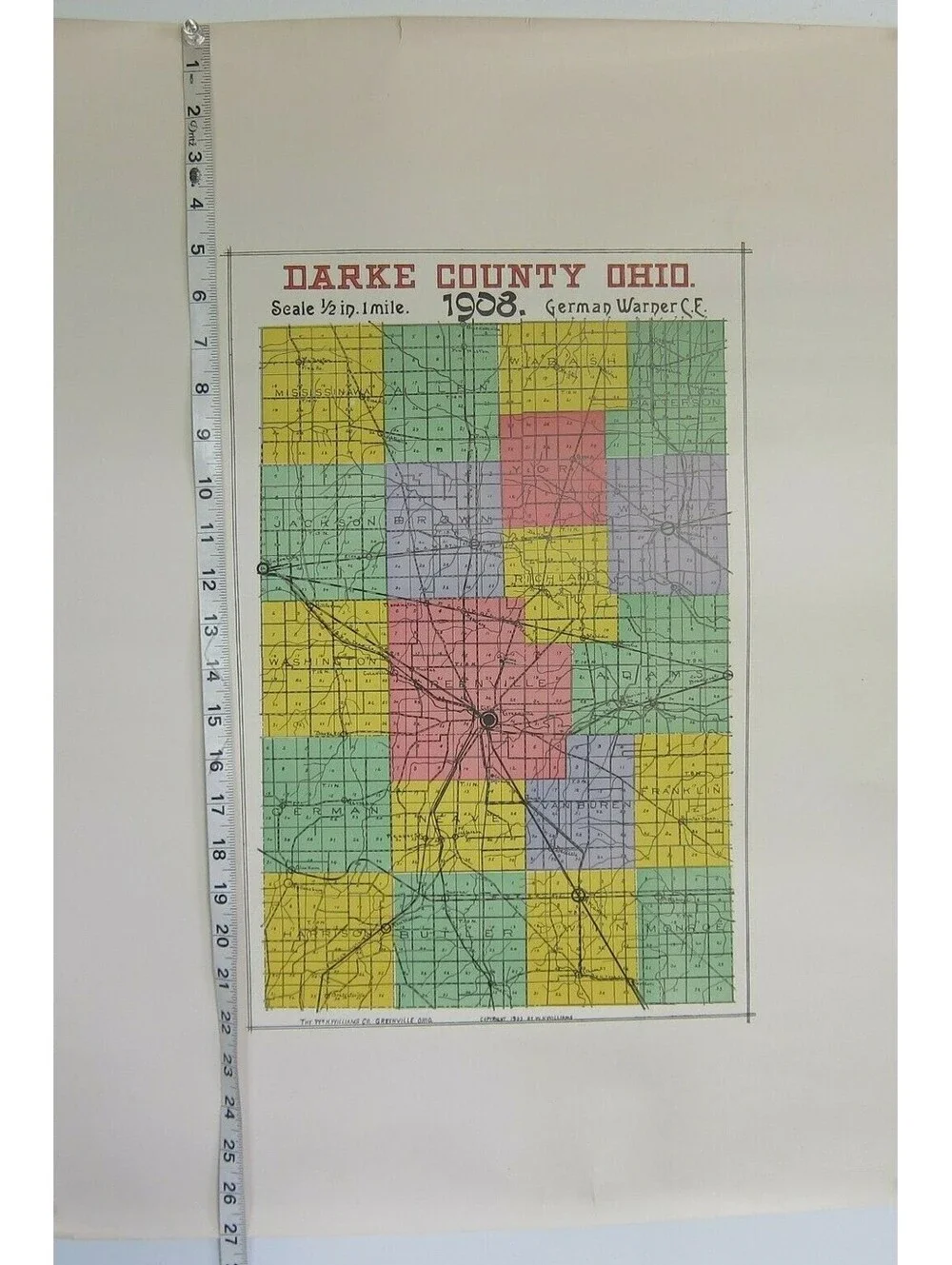 Antique 1908 Darke County Ohio Map, LARGE Railroad & Township Color Map 27x22 A